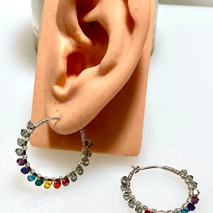 Yoga Chakra Crystal Wrapped Sterling Hoop Earring, Yoga Jewelry, Rainbow Colors, Full Spectrum, Conscious Fashion image 4