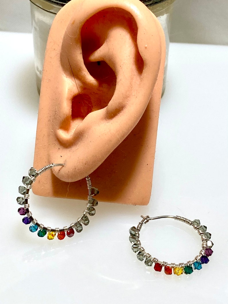 Yoga Chakra Crystal Wrapped Sterling Hoop Earring, Yoga Jewelry, Rainbow Colors, Full Spectrum, Conscious Fashion image 4