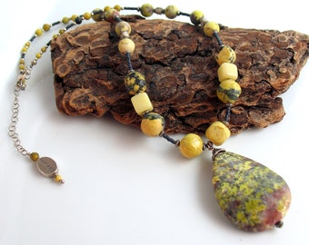 Natural Stone Pendant and Beaded Necklace, Lepidolite Teardrop with Yellow Jasper and Vintage Glass Beads, Original, Chunky, One of a kind