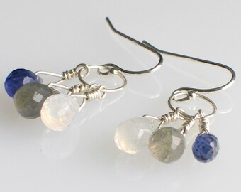 Triple Gemstone Dangle Earrings, Labradorite Iolite and Moonstone Drops, All Sterling, WillOaks.Studio