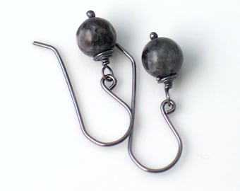 Natural Larvikite Drop Earrings, Dark Labradorite Stone Dangle Earrings on Oxidized Sterling Silver Ear wires, Artisan Earrings