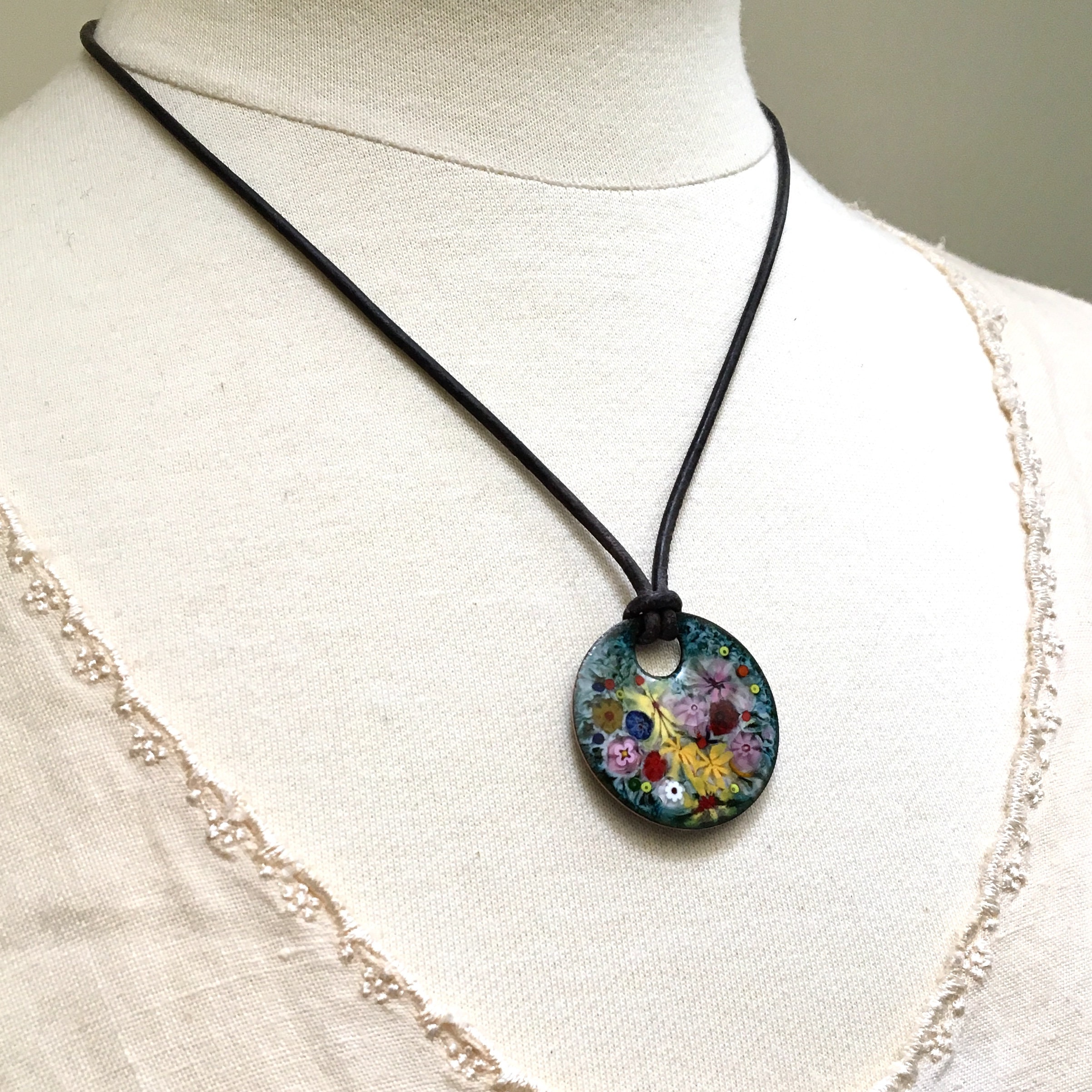 Handmade Enamel Jewelry, Enameled Copper Pendant, Colorful Flowers Art