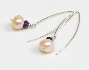 Amethyst and Pearls Sterling Silver Drop Earrings, Purple and White Long Earrings, Sterling Ear Wires with Freshwater Pearl Dangles