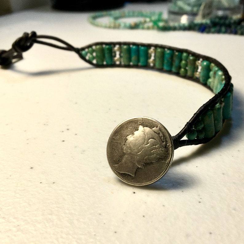 Turquoise Beaded Leather Bracelet, Rustic Teal Stone Cuff, Coin Button, Last One, Original Artisan Jewelry, WillOaksStudio, Unique Gift zdjęcie 10