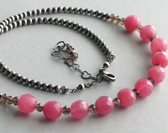 Faceted Pink Stone Necklace and Oxidized Sterling Silver, Pink Quartz Focal Point on a Silver Necklace