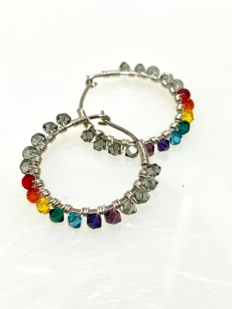 Yoga Chakra Crystal Wrapped Sterling Hoop Earring, Yoga Jewelry, Rainbow Colors, Full Spectrum, Conscious Fashion image 6