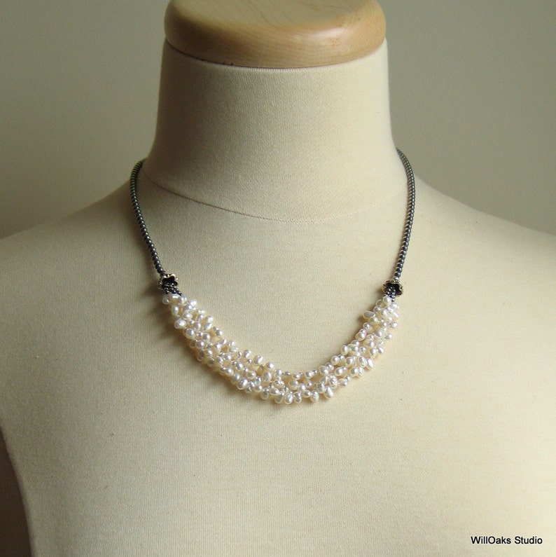 Silver Metallic Pearl Bib Necklace Set main image 1