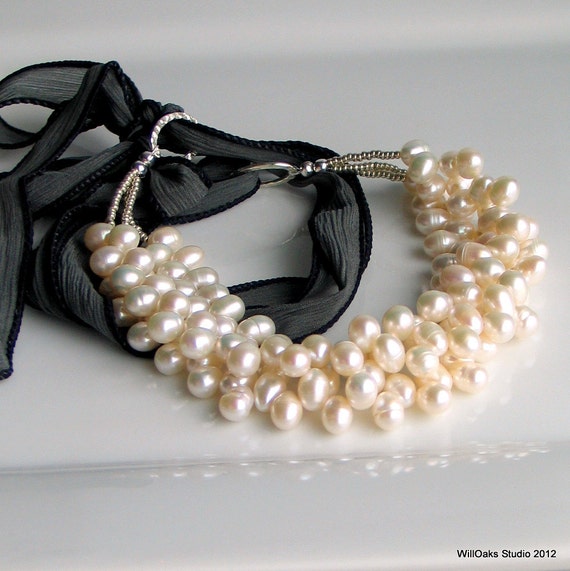 Multi-strand Black Freshwater Pearl Necklace Summer Wedding Party Multi-strand Black Freshwater Pearl Necklace Summer Wedding Party