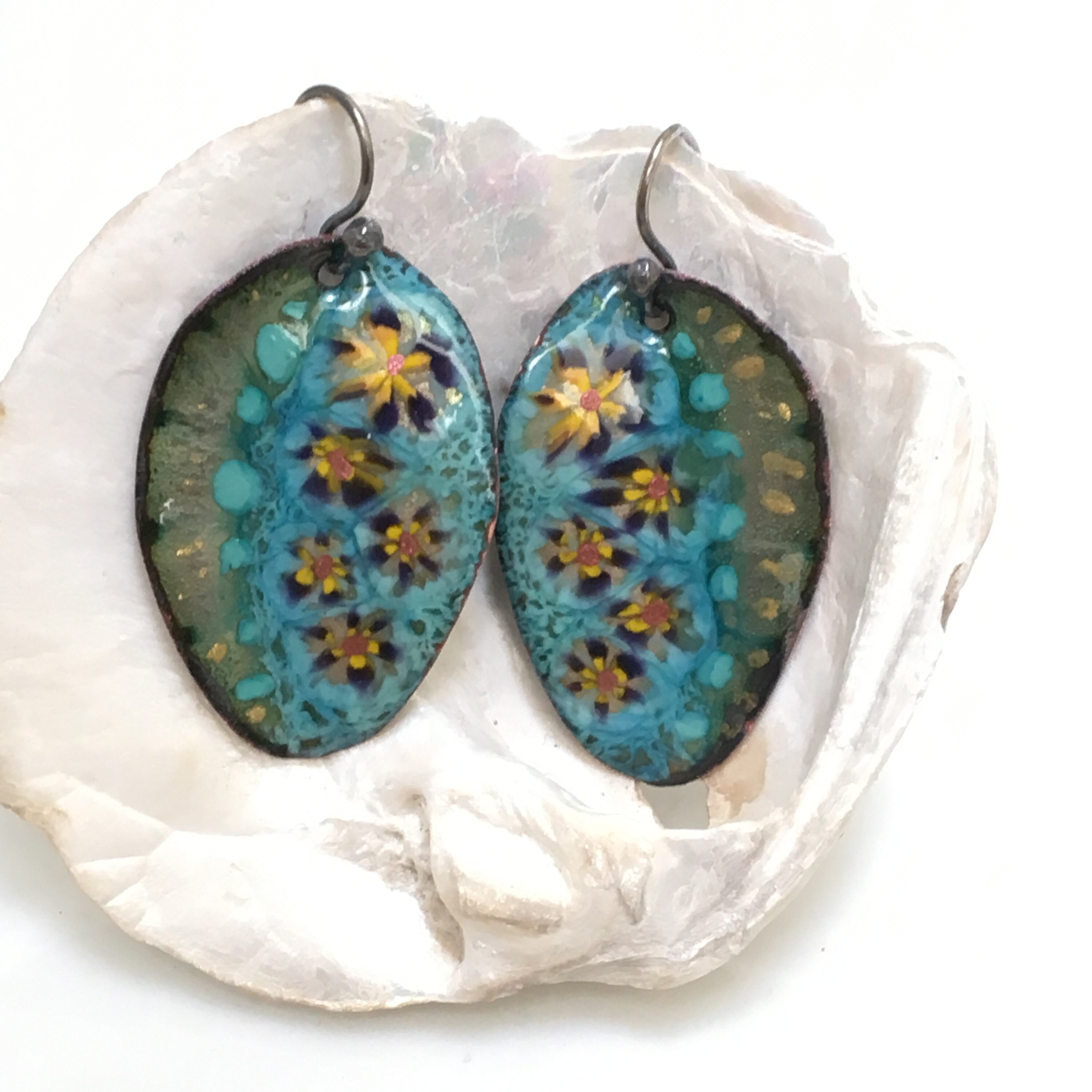 Copper Enamel Teal Earrings, Leaf Shaped Enameled Jewelry, Teal & Gold