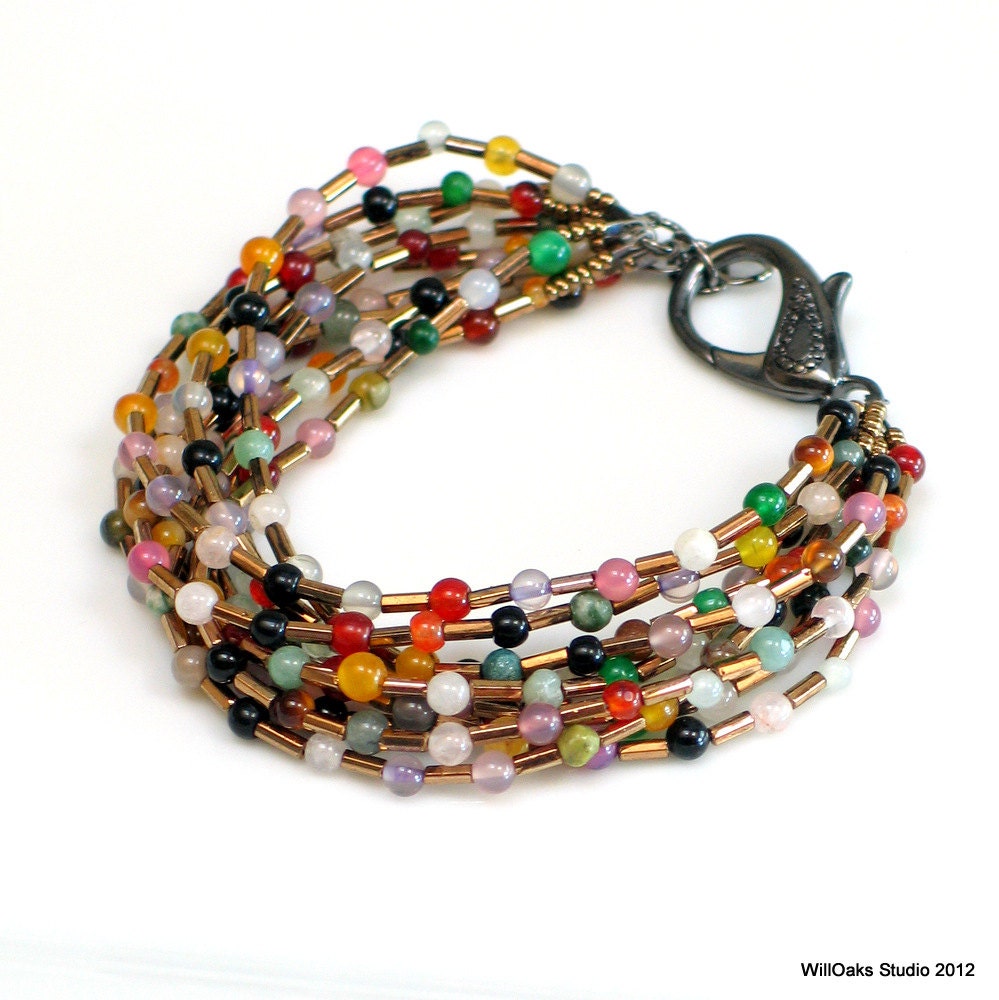 Mixed Gemstone Beaded Bracelet, Multi Strand Vintage Bugle Beads