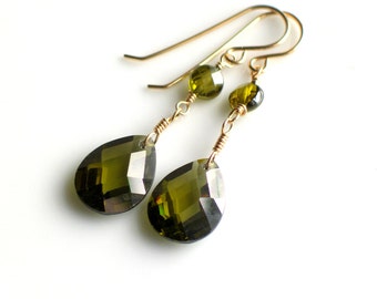 Green Chandelier Dangle Earrings, Moss Green Cubic Zirconia and Gold Earrings, Elegant Perfect Gift, Ready to Ship, WillOaks Studio