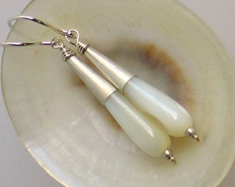 Ivory White Dangle Teardrop Earrings, Mother of Pearl and Sterling Silver, Long Sleek Earrings, Beach Fashion