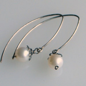 White Pearls and Oxidized Silver Earrings, Long Wire Drop Earrings, Freshwater Pearls, Modern Classic image 1