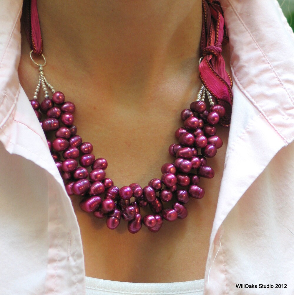 Multistrand Fuchsia Statement on Silk Ribbon Deep Pink Pearl Bib Designer Spring Fashion Pearl Necklace Deluxe Pearl Gift for Her