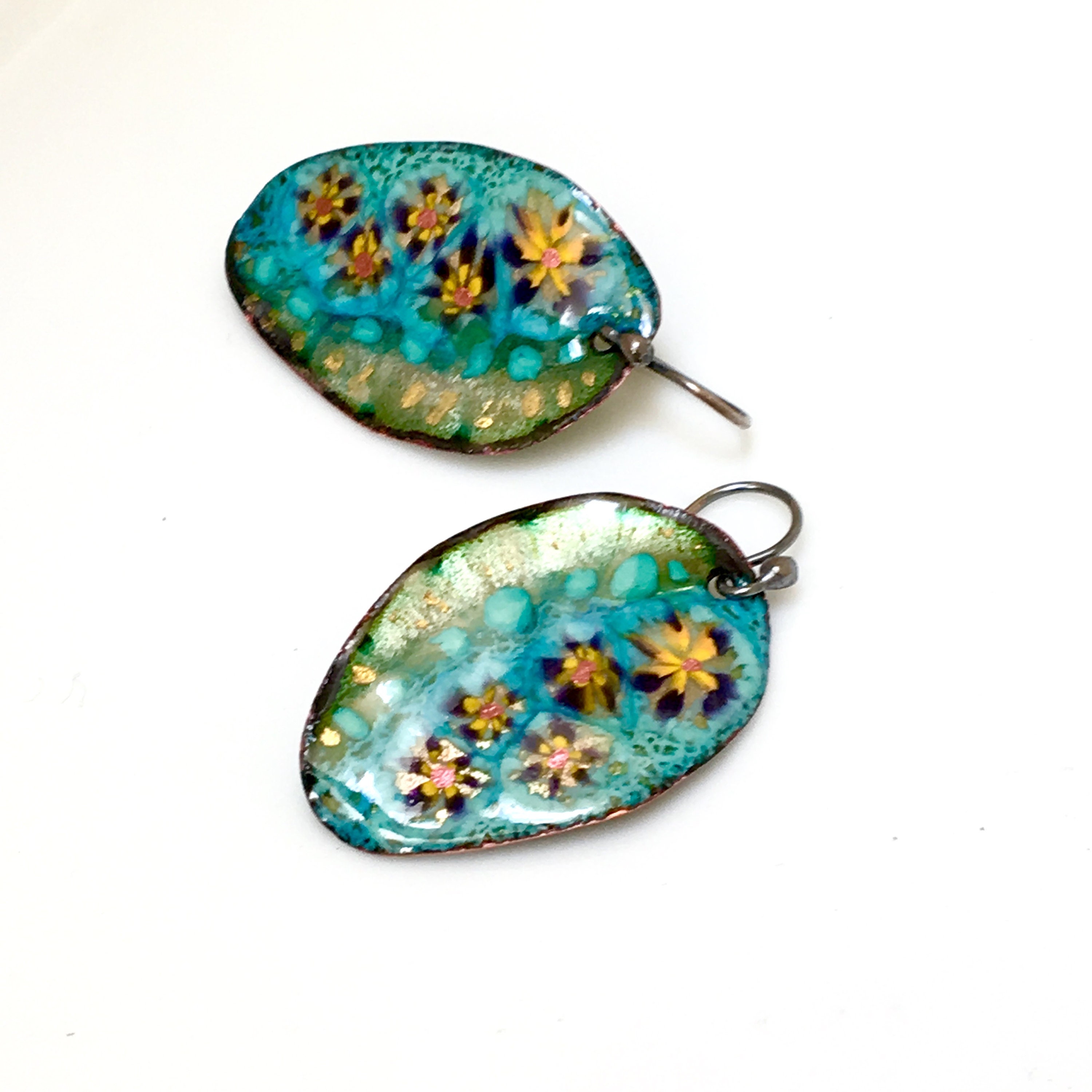 Copper Enamel Teal Earrings, Leaf Shaped Enameled Jewelry, Teal & Gold Flowers, Art Enamel