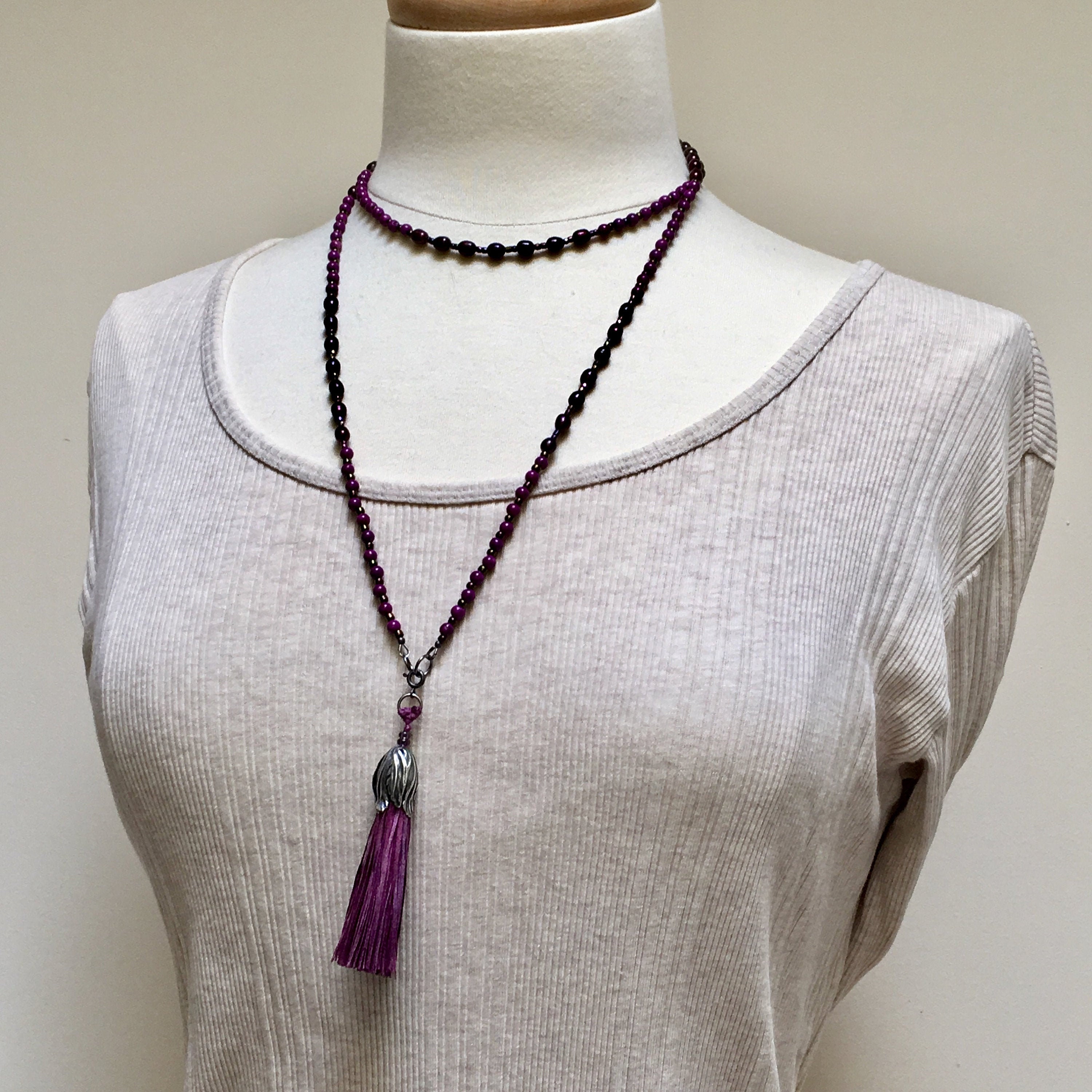 Long Beaded Necklace with Big Handmade Silk Tassel, Violet Beads & Pearls Long Wrap Chain