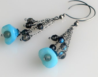 Rain on a Blue Flower Earrings, Labradorite Dangles, Nature Inspired