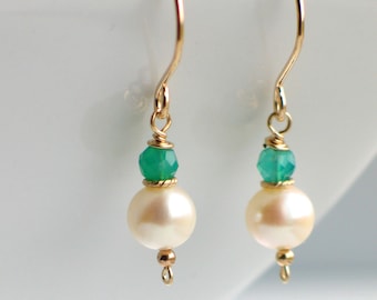 White Pearl Green Onyx Gold Earrings, Emerald Green and White Freshwater Pearl Earrings, Gold Filled Fashion, Classics