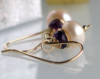 Pearl Amethyst Gold Earrings, Handmade Freshwater Pearl Earrings in Gold Filled, Fashion Pearls, February Birthstone