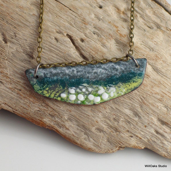 Impressionist Landscape Enameled Pendant, Petite Bar Necklace, OOAK Art Jewelry, Copper Enamel Necklace,  Artisan Handmade, Ready to Ship