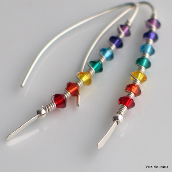 Sterling Silver Chakra Earrings with Rainbow Crystals, Elegant Curved Stick Earrings in Bright Colors, Joyful Fashion Trend