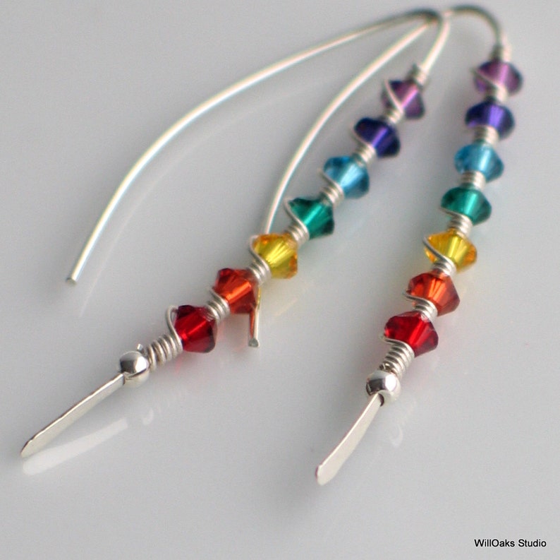 Sterling Silver Chakra Earrings with Rainbow Crystals, Elegant Curved Stick Earrings in Bright Colors, Joyful Fashion Trend image 1