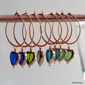 Cobalt Blue Heart Hoops, Czech Glass Heart on Handmade Copper Hoop Earrings, Transparent Glass Heart Earrings for Giving image 5