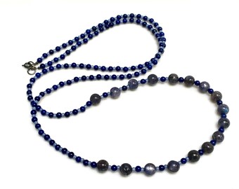 Blue Labradorite Long Beaded Necklace, Lapis Blue and Opal Blue Mixed Beads, Beaded Chain to Wrap or Layer, Mothers Day Gift