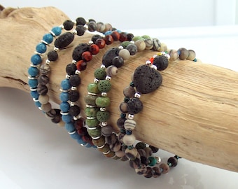 Lava and Stone Beaded Cuff Bracelets for Essential Oils, Rustic Stone Memory Wire Bracelets