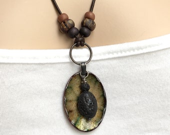 Original Lava Stone & Copper Enamel Pendant, Oil Diffuser Necklace, E.O. Jewelry, Fine Leather Cord with All Oxidized Sterling Findings OOAK