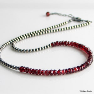 Red Garnet Necklace on Sterling Silver Beaded Chain, January Birthstone Necklace, Red Stone Choker, Elegant Gift for Her