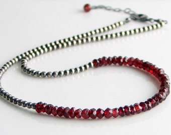 Red Garnet Necklace on Sterling Silver Beaded Chain, January Birthstone Necklace, Red Stone Choker, Elegant Gift for Her
