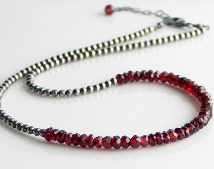 Featured listing image: Red Garnet Necklace on Sterling Silver Beaded Chain, January Birthstone Necklace, Red Stone Choker, Elegant Gift for Her