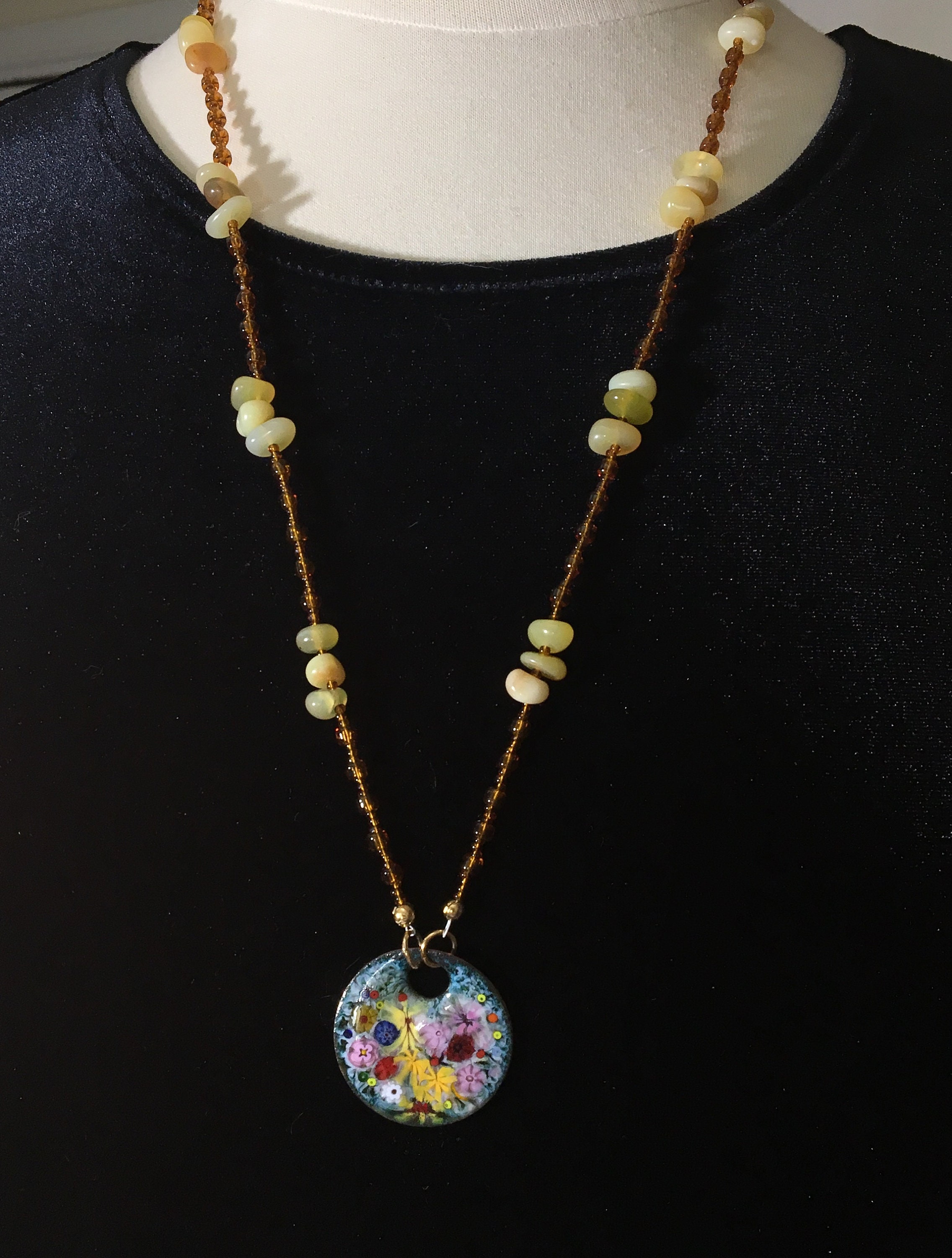 Handmade Enamel Jewelry, Enameled Copper Pendant, Colorful Flowers Art