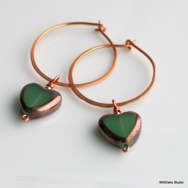 Green Heart Chakra, Celadon Green Heart Hoops, Czech Glass on Handmade Copper Earrings, Translucent Green Glass Earrings, Spring, St Patrick