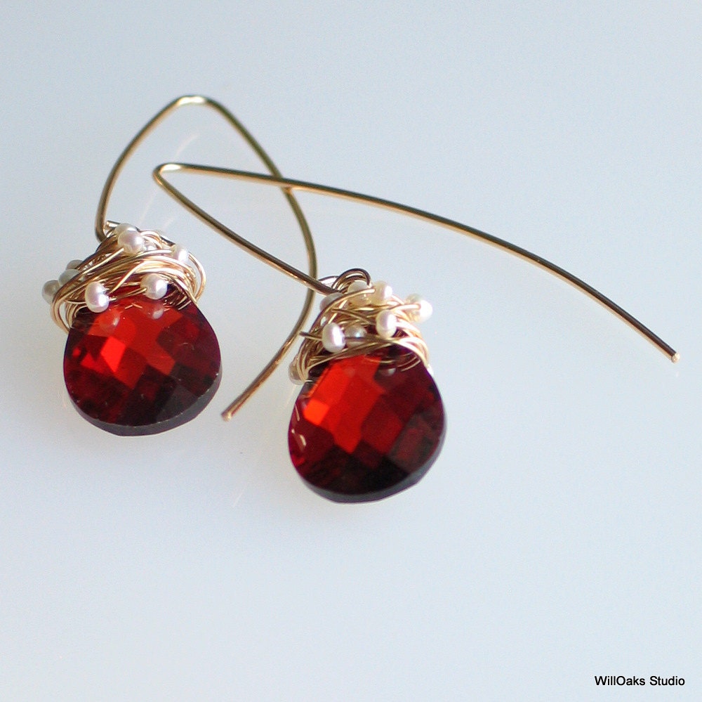 Red and Gold Earrings, Pearl Wrapped Cubic Zirconia in Gold, Scarlet ...