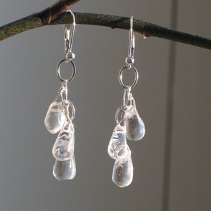 Crystal Quartz Dangle Earrings, Let It Rain, Handmade Triple Raindrops and Sterling Earrings image 1
