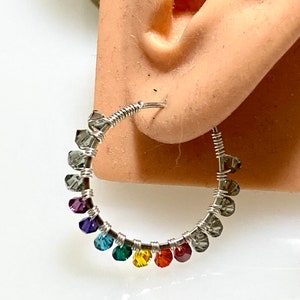 Yoga Chakra Crystal Wrapped Sterling Hoop Earring, Yoga Jewelry, Rainbow Colors, Full Spectrum, Conscious Fashion image 2