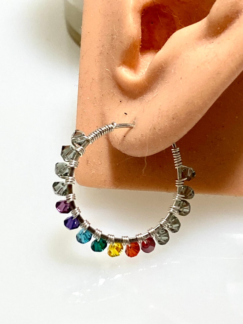 Yoga Chakra Crystal Wrapped Sterling Hoop Earring, Yoga Jewelry, Rainbow Colors, Full Spectrum, Conscious Fashion image 2