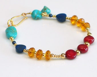 Gold Beaded Bracelet in Primary Colors, Ruby Red Coral, Turquoise Bracelet & Yellow Crystal, Spring and Summer Fun Fashion, Affordable Gift