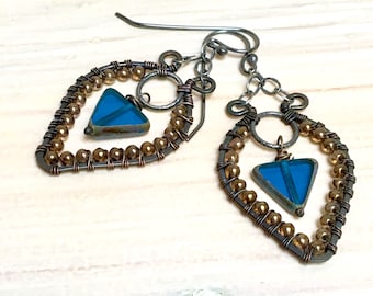 Chandelier Hippie Hoops, Teal Blue Beaded Triangle Dangles, Czech Glass, Ornate Mixed Metals, Artisan Original by WillOaks Studio