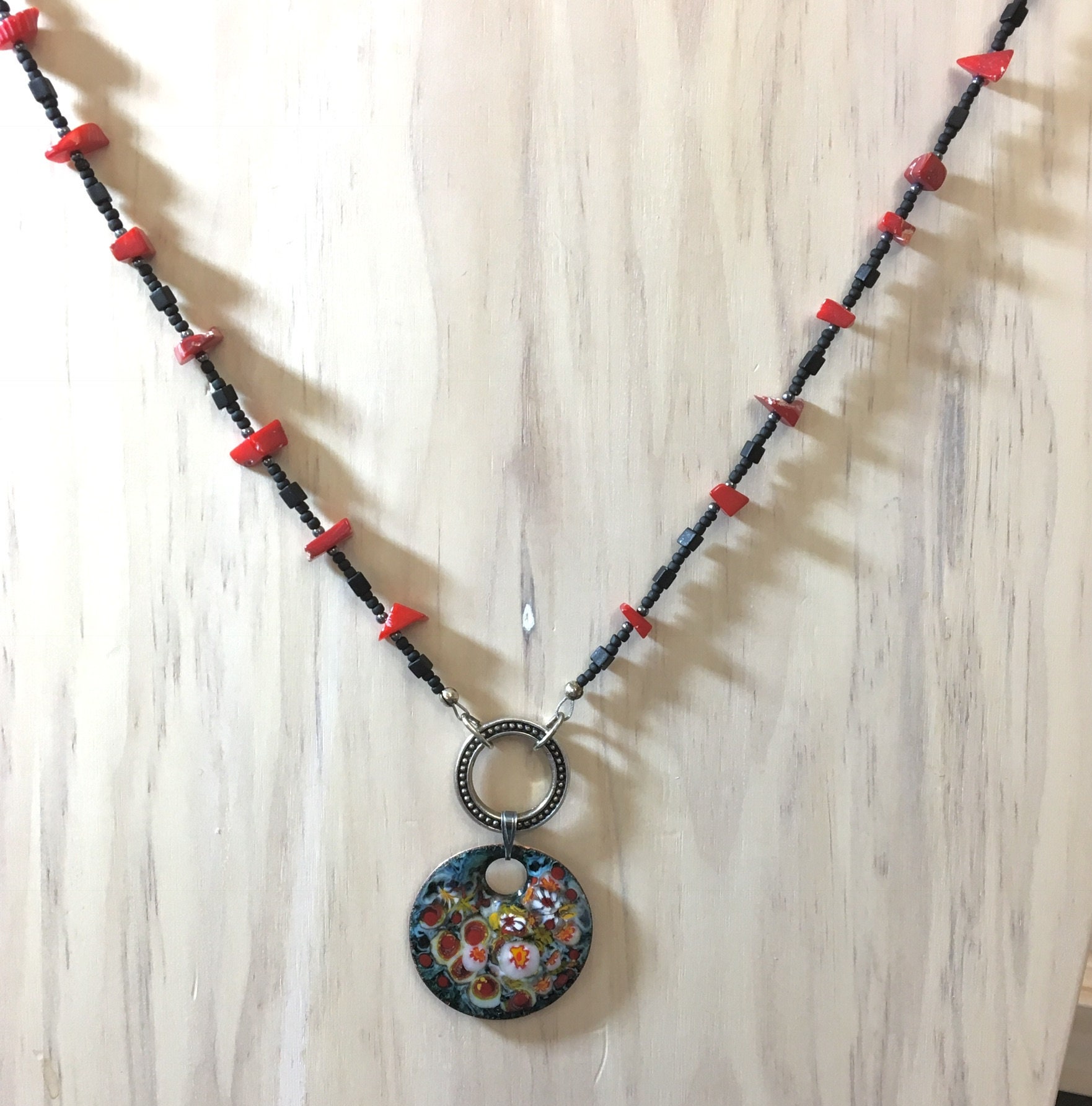 Copper Enameled Art Jewelry, Bright Colorful Flower Garden Pendant