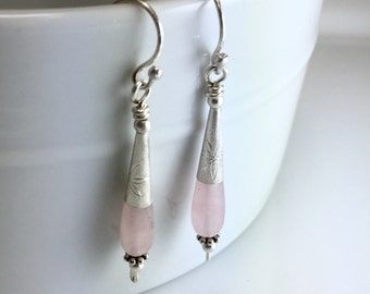 Natural Rose Quartz Sleek Drop Earrings, Long Teardrop Dangles, Pink and Sterling Silver, Feminine, Gift for Her, WillOaks Studio Design