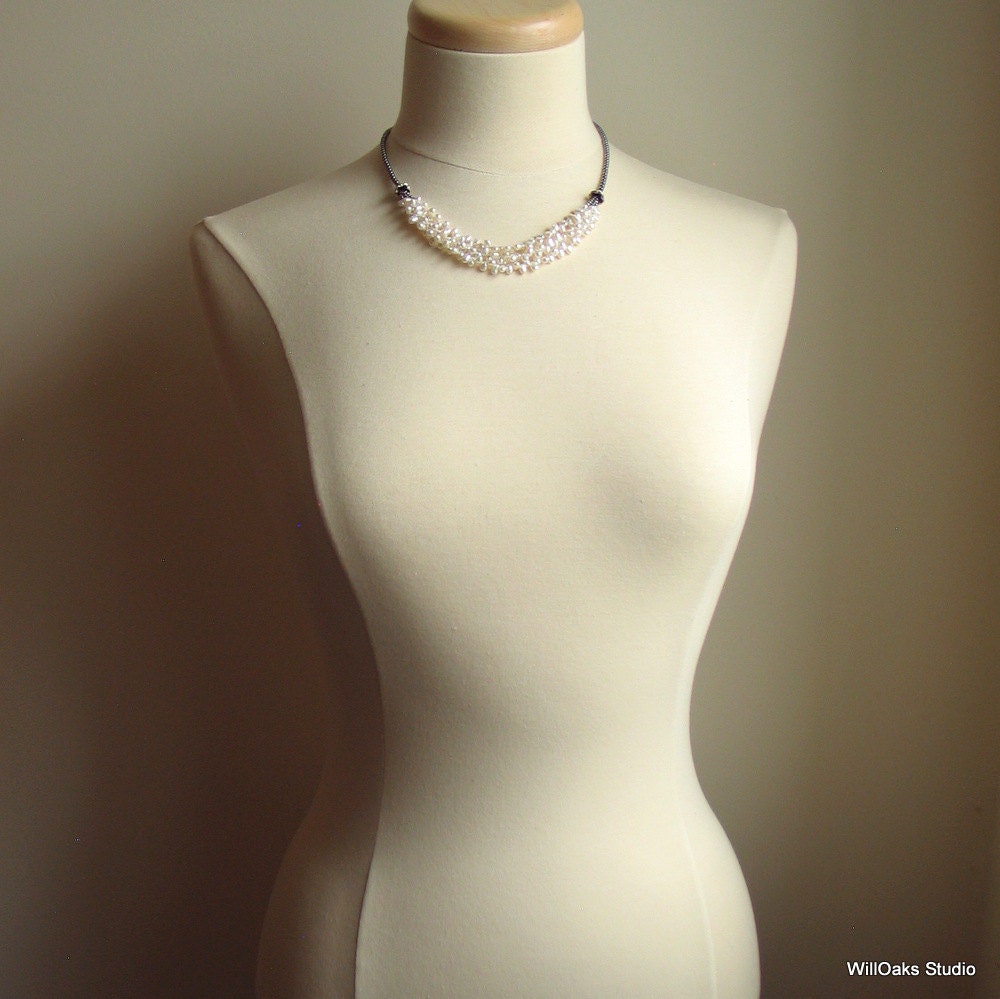 Silver Metallic Pearl Bib Necklace Set