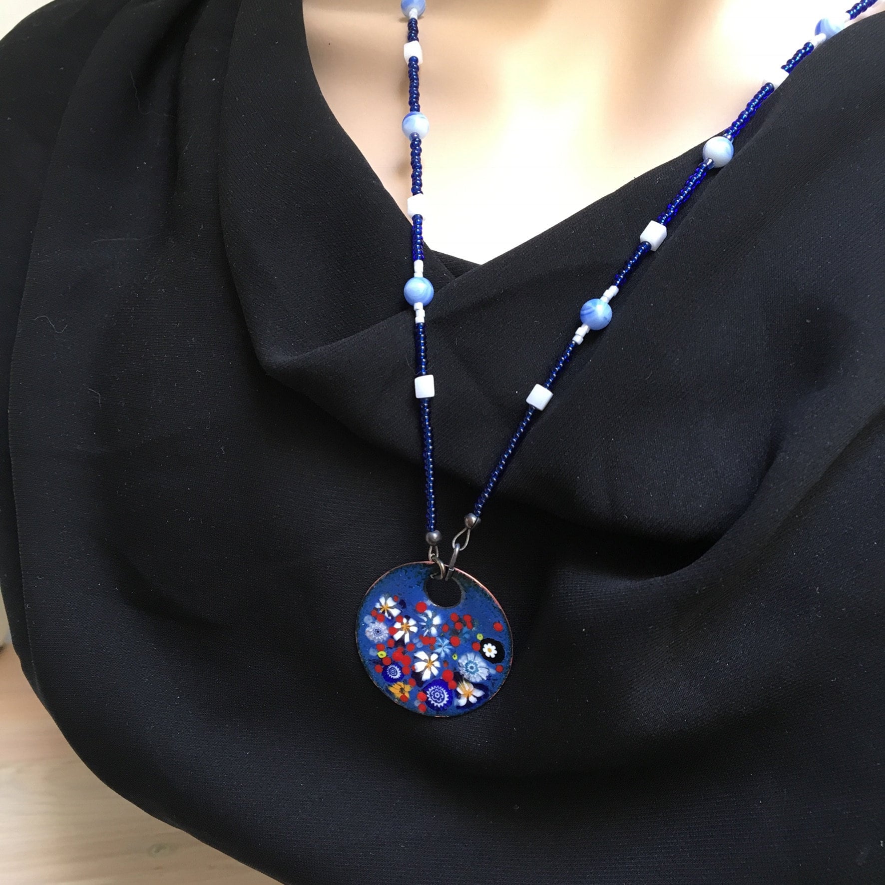 Enameled Copper Art, Enamel Jewelry, Blue Pendant, Flower Garden in