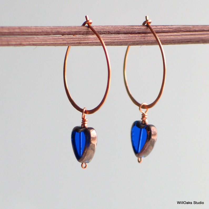 Cobalt Blue Heart Hoops, Czech Glass Heart on Handmade Copper Hoop Earrings, Transparent Glass Heart Earrings for Giving image 4