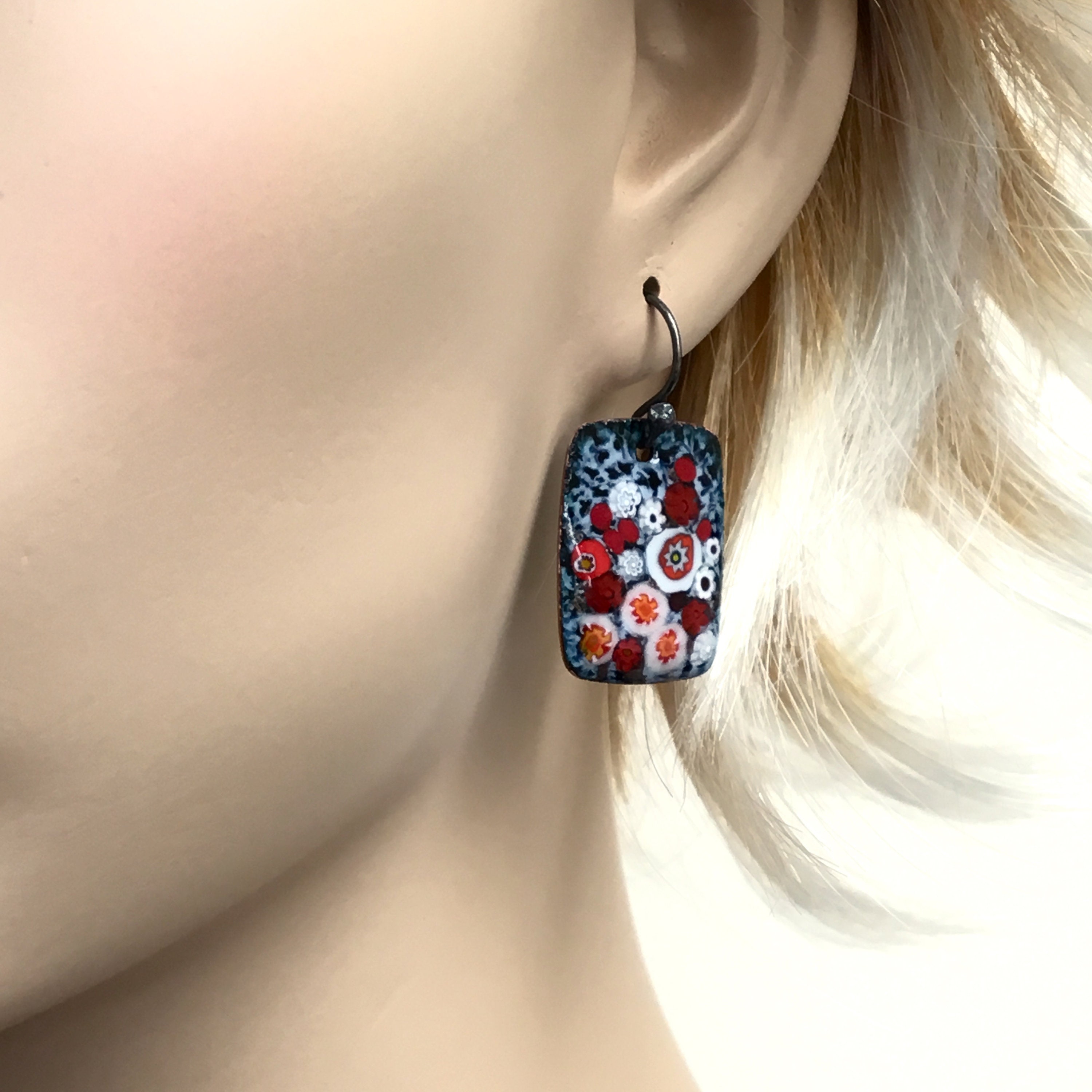 Enameled Earrings, Enamel Jewelry, Black White & Red Flower Design