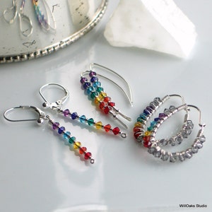 Sterling Silver Chakra Earrings with Rainbow Crystals, Elegant Curved Stick Earrings in Bright Colors, Joyful Fashion Trend image 4