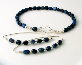 Navy Blue Stone Jewelry Set, Artisan Silver Metalwork Earrings and Bracelet, Gift Set under 50 dollars