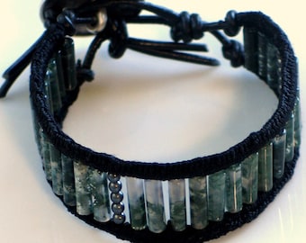 Moss Agate Bracelet Cuff Crocheted Black Silk and Black Leather
